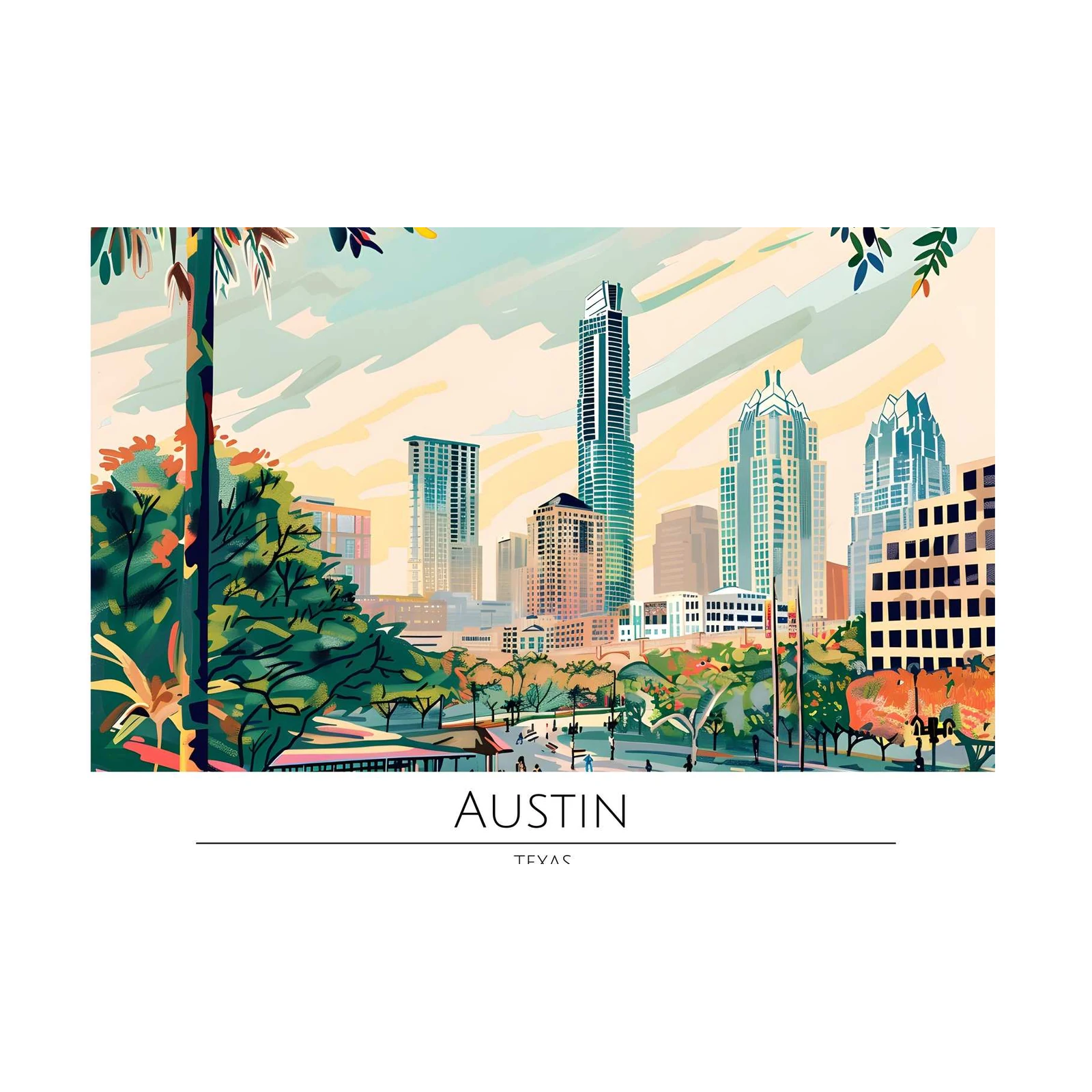 Vibrant Austin Skyline Wall Art - Texas Cityscape Art