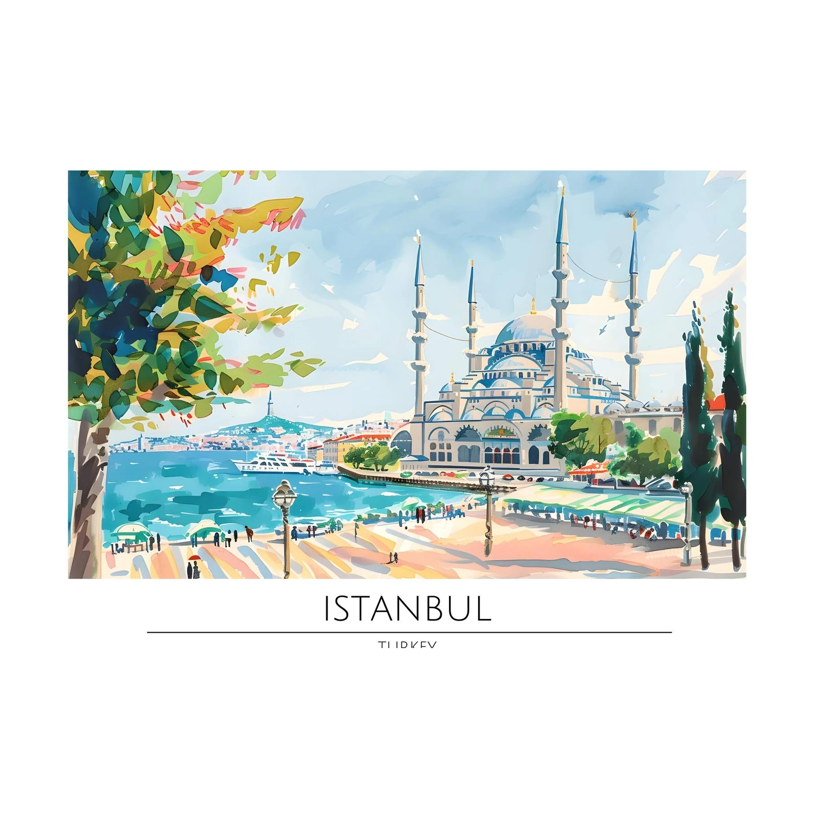 Vibrant Istanbul Mosque Watercolor Wall Art