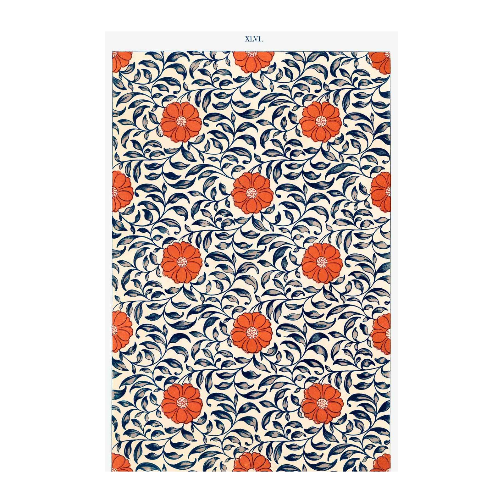 Vintage Floral Red Flower Dark Blue Leaves Wall Art
