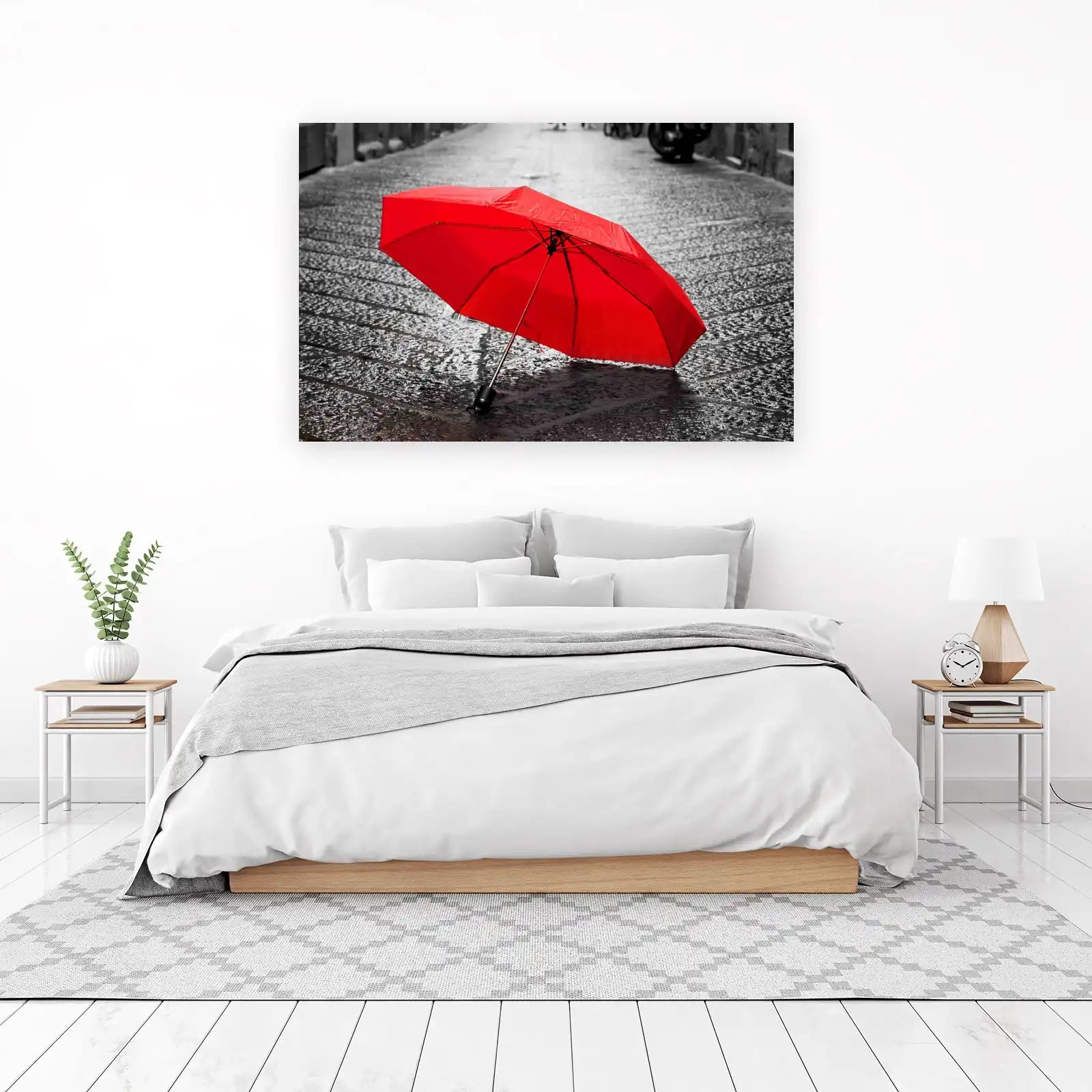 Vibrant Red Umbrella on Wet Cobblestone Wall Art