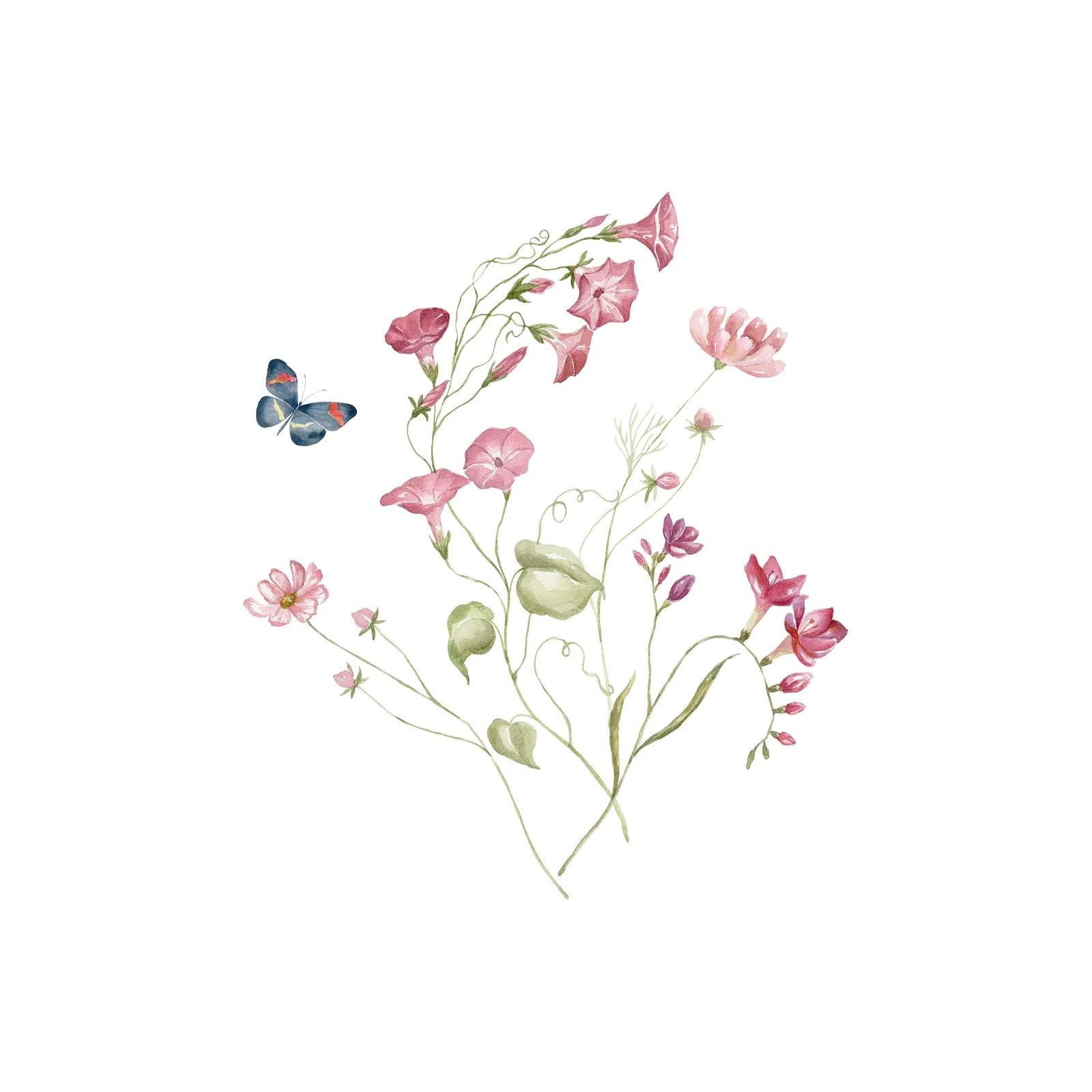 Pink Floral Butterfly Watercolor Wall Art