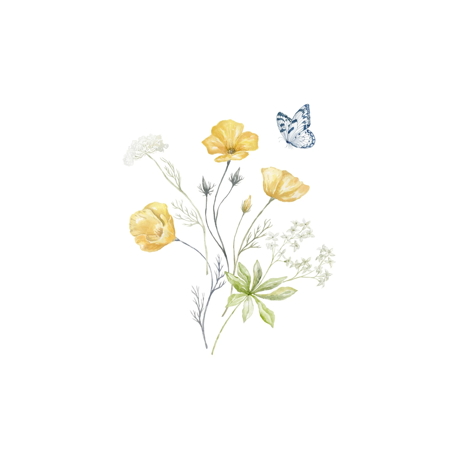 Yellow Poppy Butterfly Watercolor Wall Art