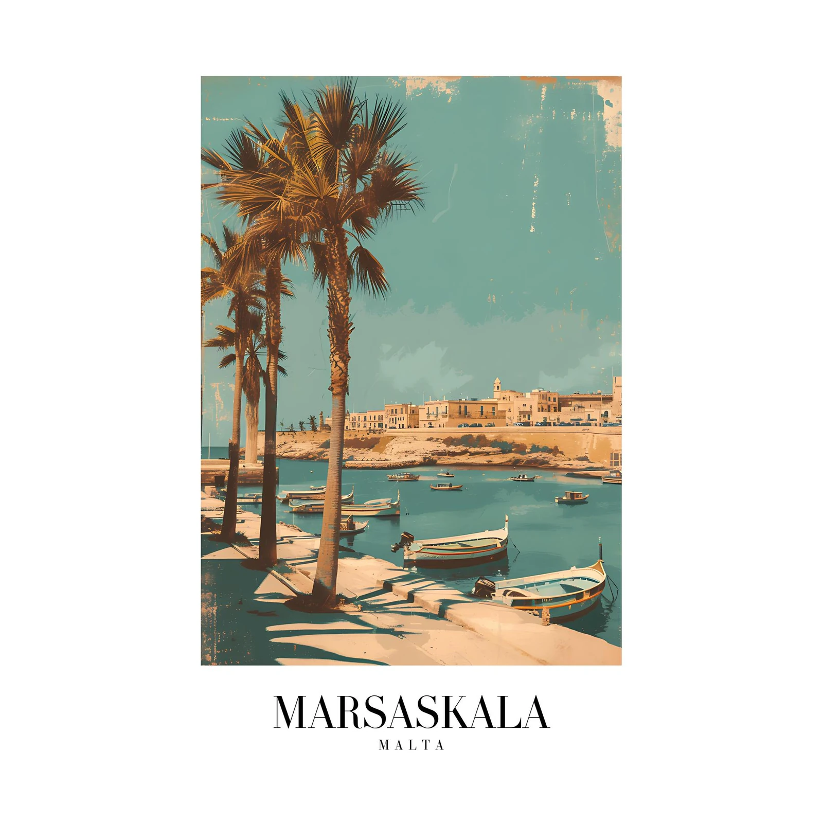 Retro Marsaskala Malta Harbor Palm Trees Wall Art