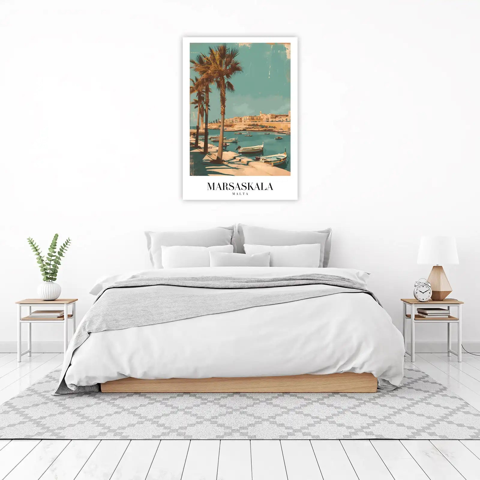 Retro Marsaskala Malta Harbor Palm Trees Wall Art