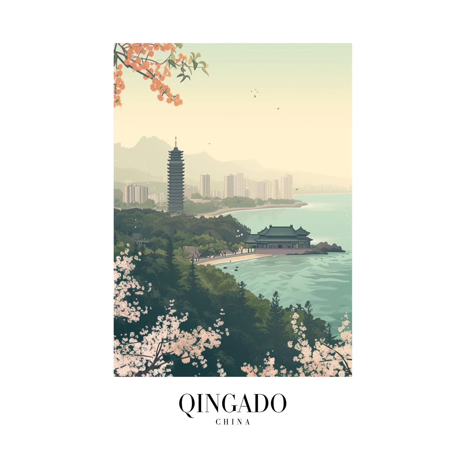 Qingdao Cherry Blossom Pagoda Wall Art