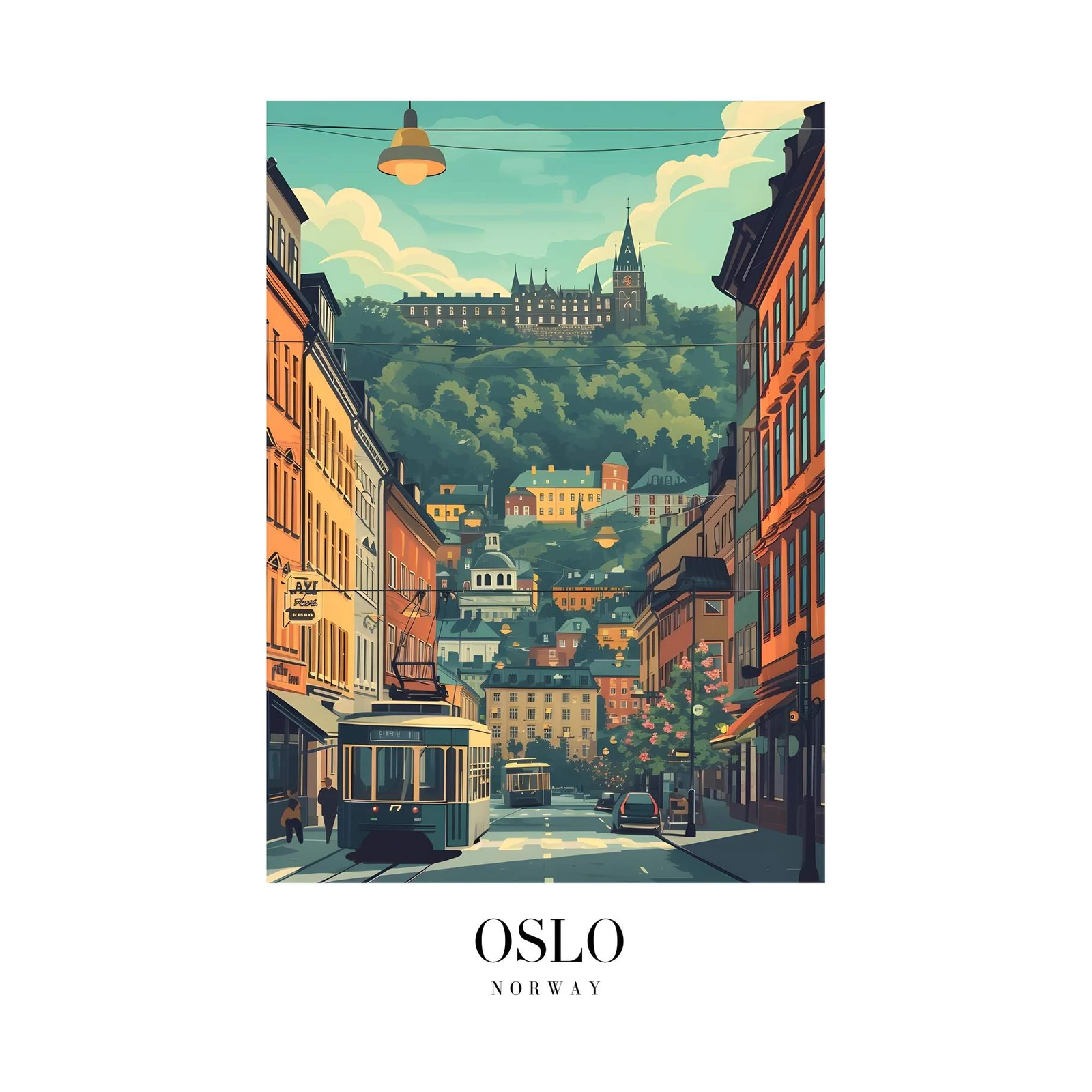 Oslo Cityscape Tram Wall Art | Norway Travel Art