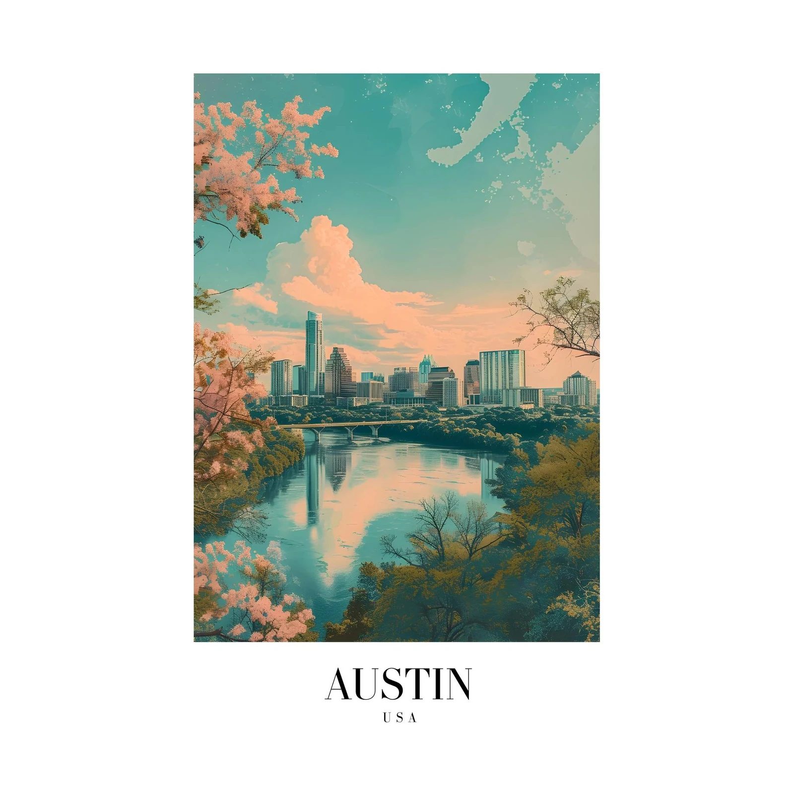 Serene Austin Skyline Cherry Blossom Wall Art