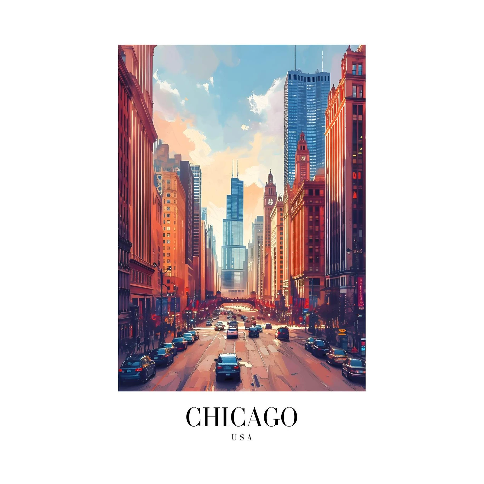 Vibrant Chicago Skyline Street Scene Wall Art