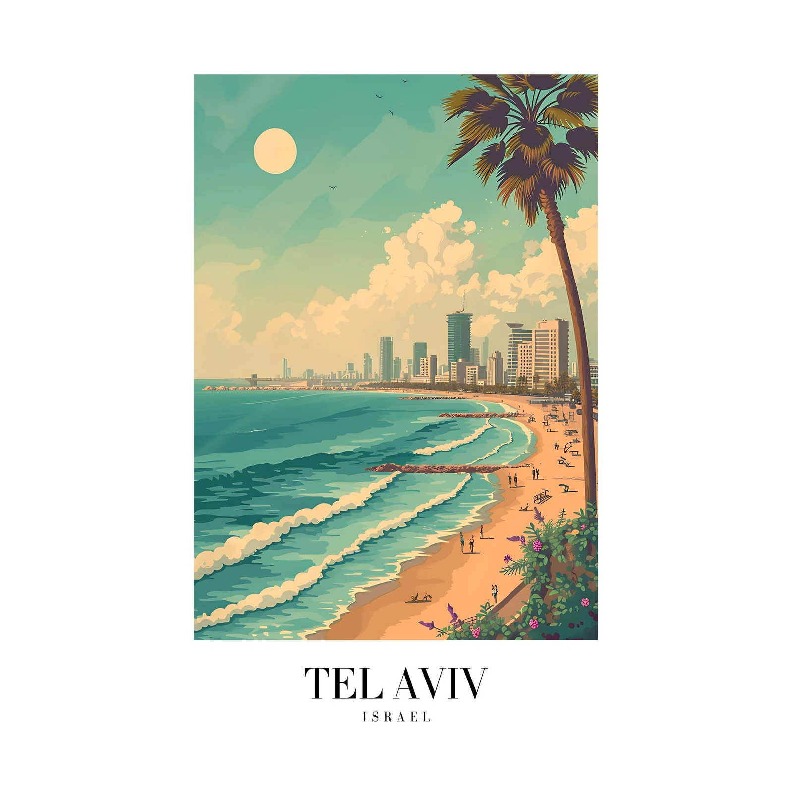 Tel Aviv Beach Skyline Palm Tree Wall Art