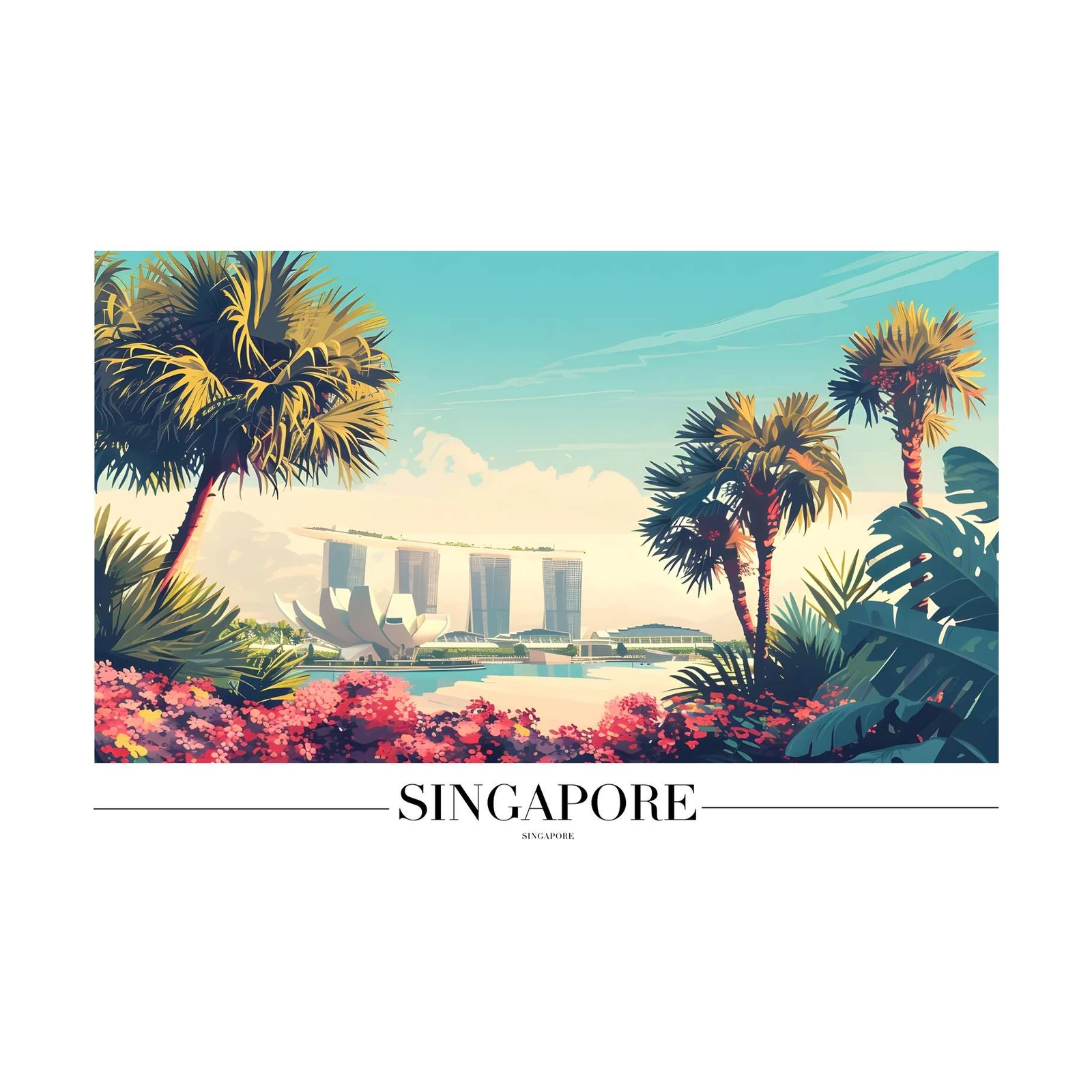 Vibrant Singapore Skyline Palm Trees Wall Art
