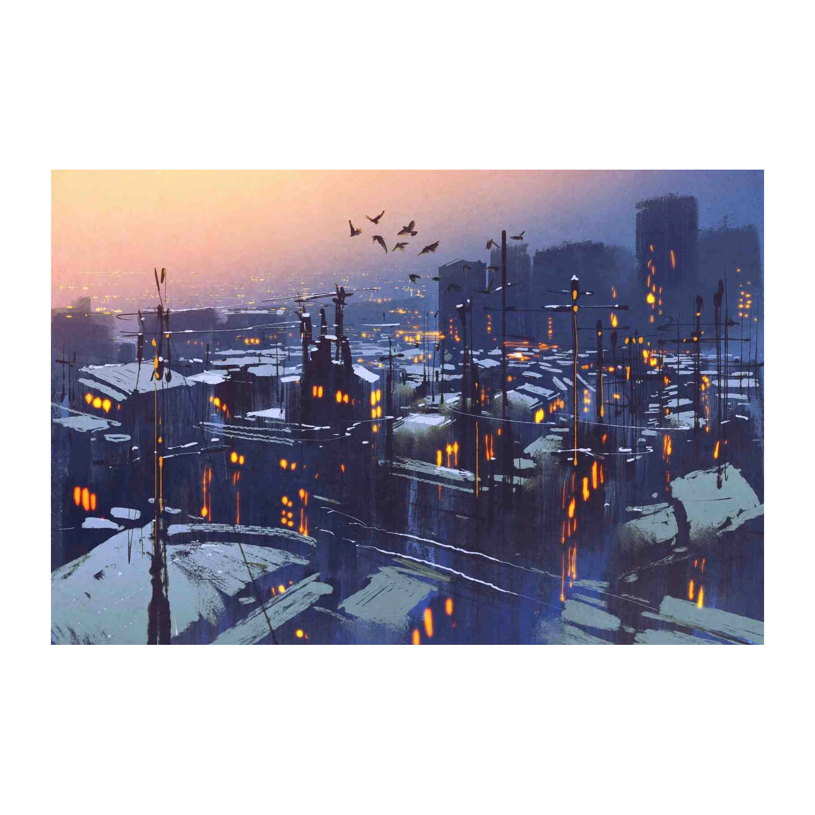 Twilight Cityscape Snowy Rooftops Wall Art