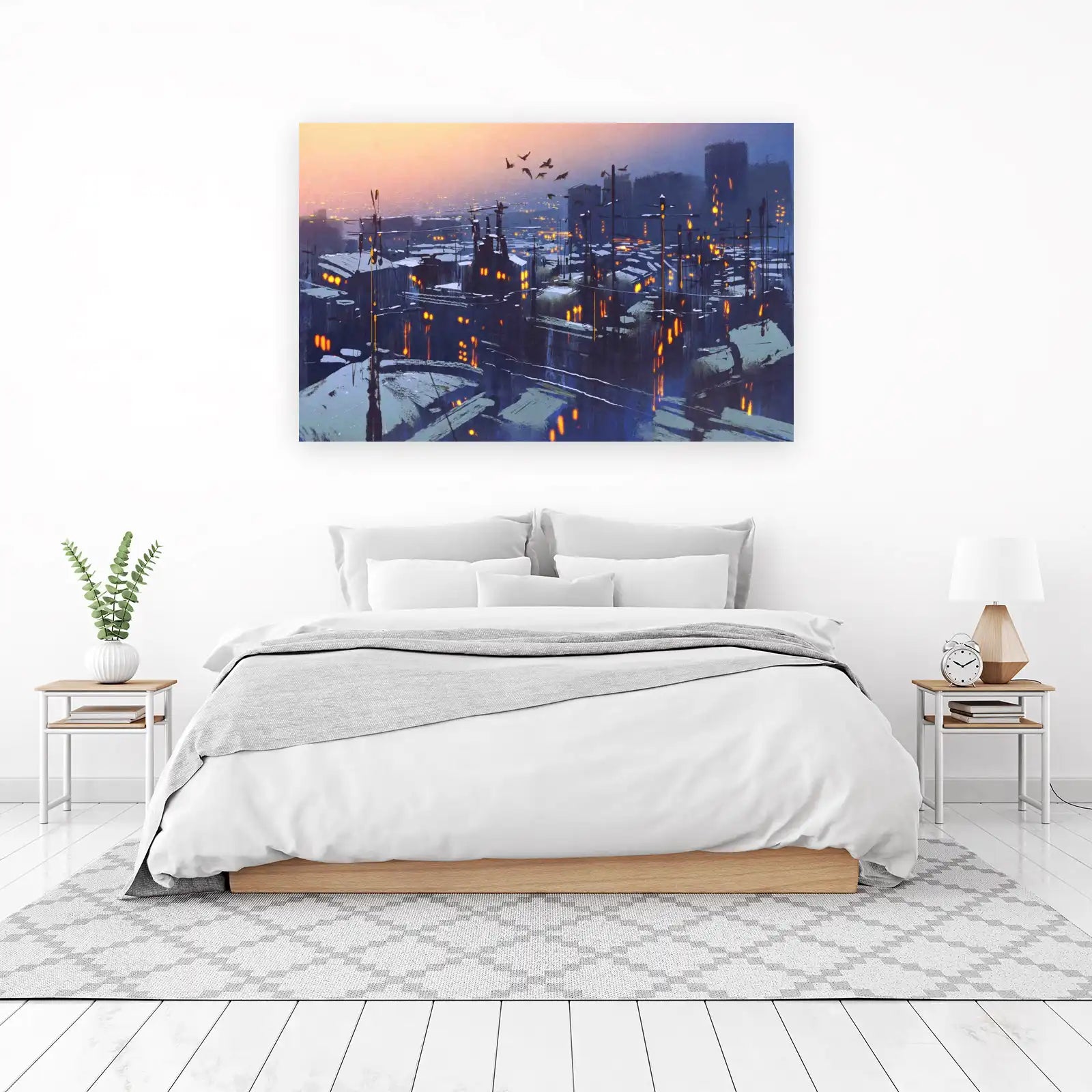 Twilight Cityscape Snowy Rooftops Wall Art