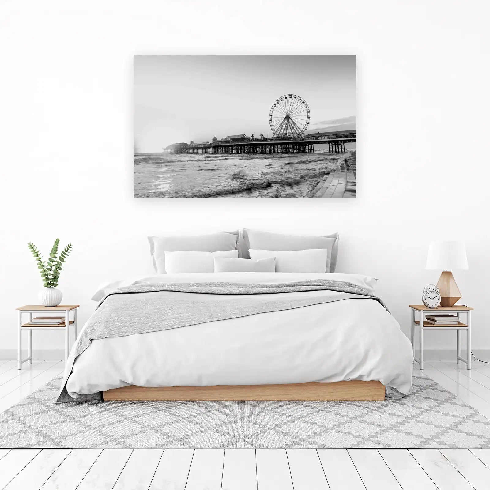 Seaside Ferris Wheel & Pier Black and White Wall Art