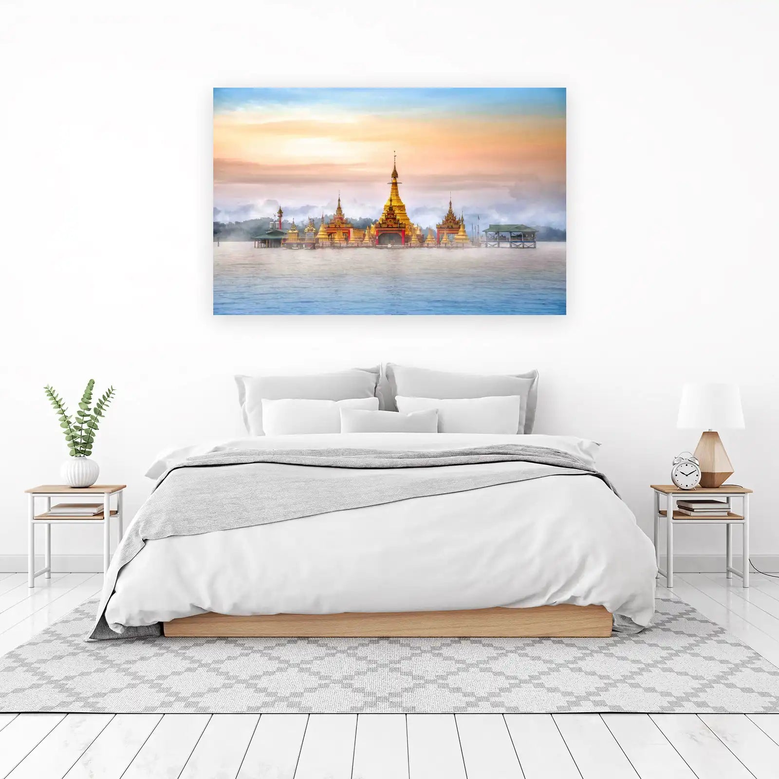 Serene Golden Pagodas Over Water Wall Art