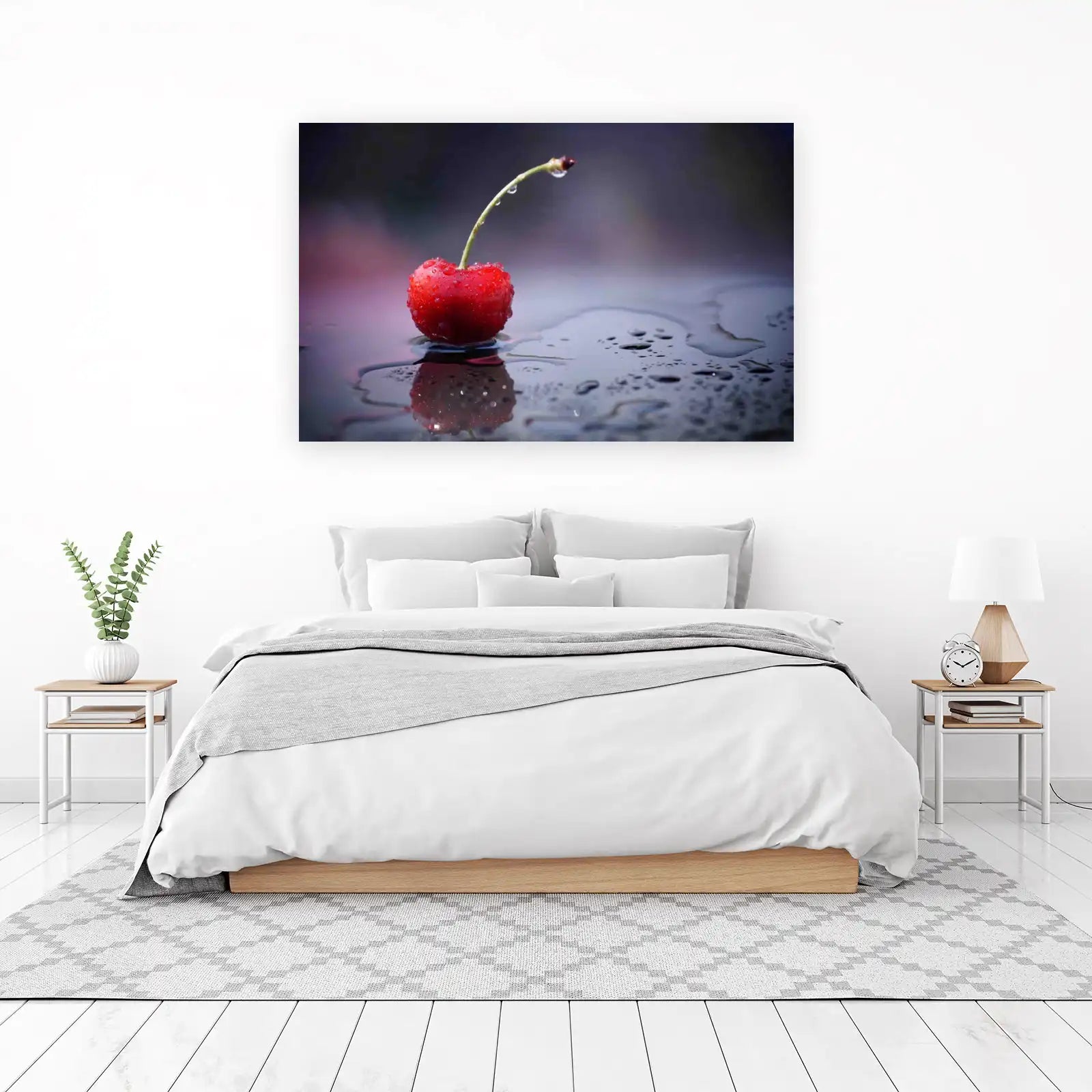 Fresh Dewy Cherry on Dark Wet Surface Wall Art