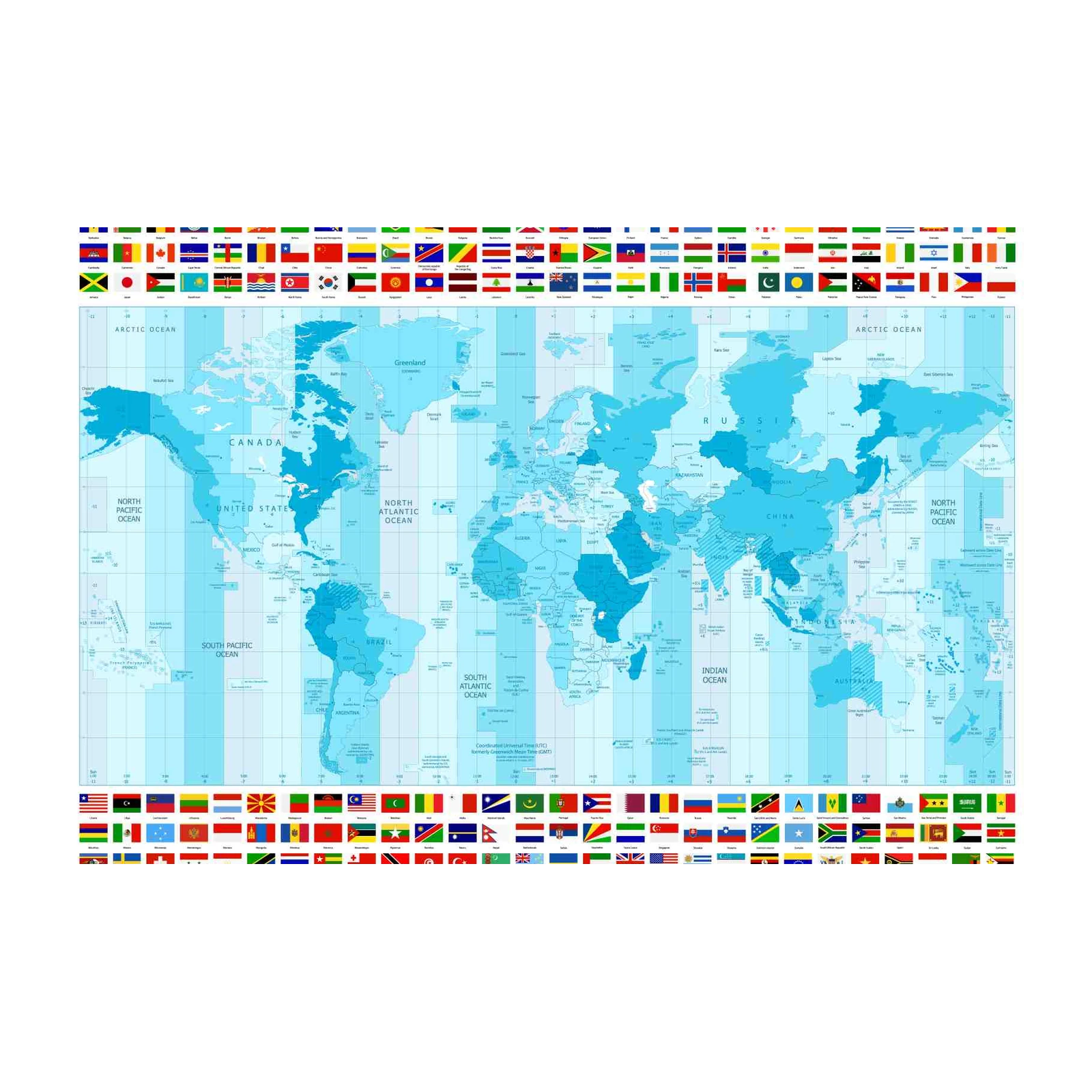 World Map & Flags Time Zones Wall Art