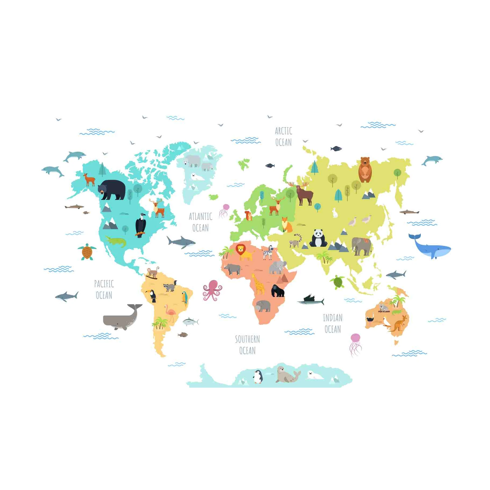 Whimsical World Animals Map Wall Art