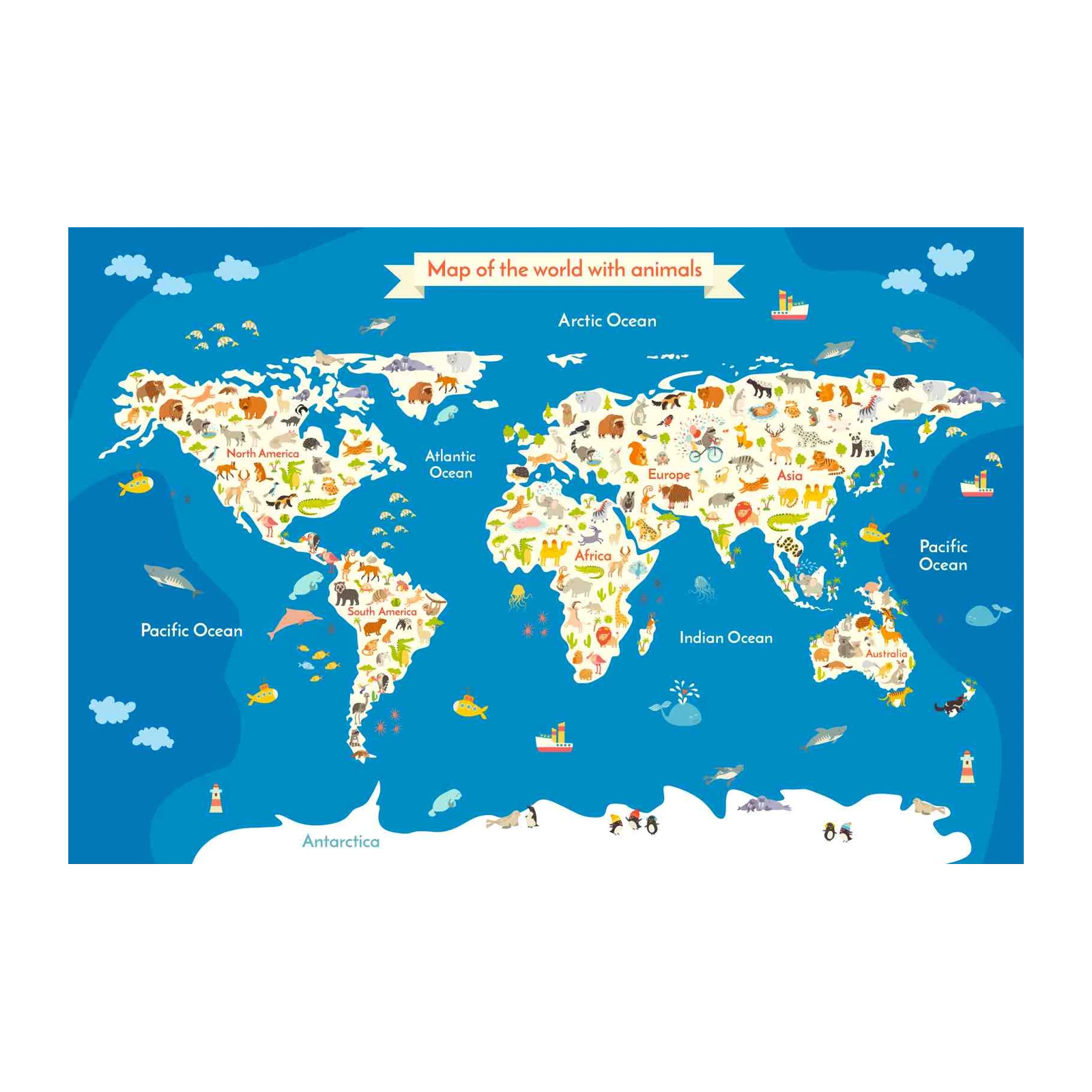 World Map Animals Kids Playful Wall Art