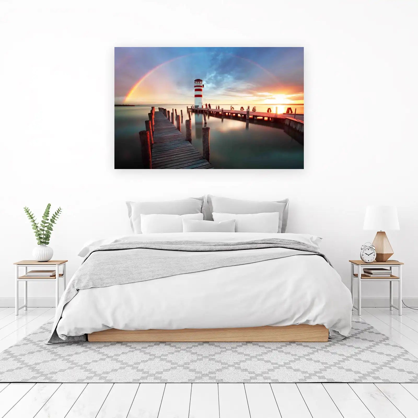 Serene Lighthouse Rainbow Dock Wall Art