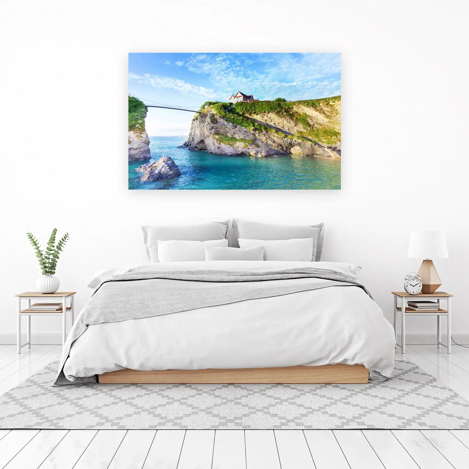 Coastal Cliff House Suspension Bridge Wall Art