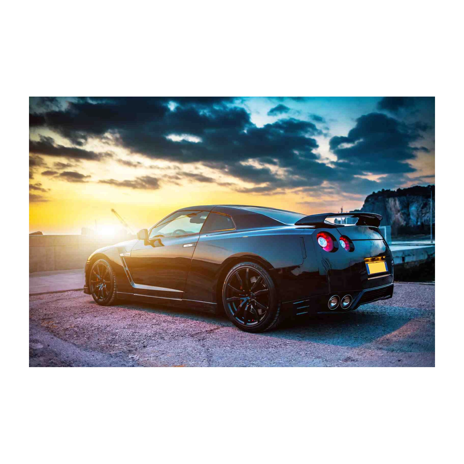 Sleek Black Sports Car Sunset Wall Art