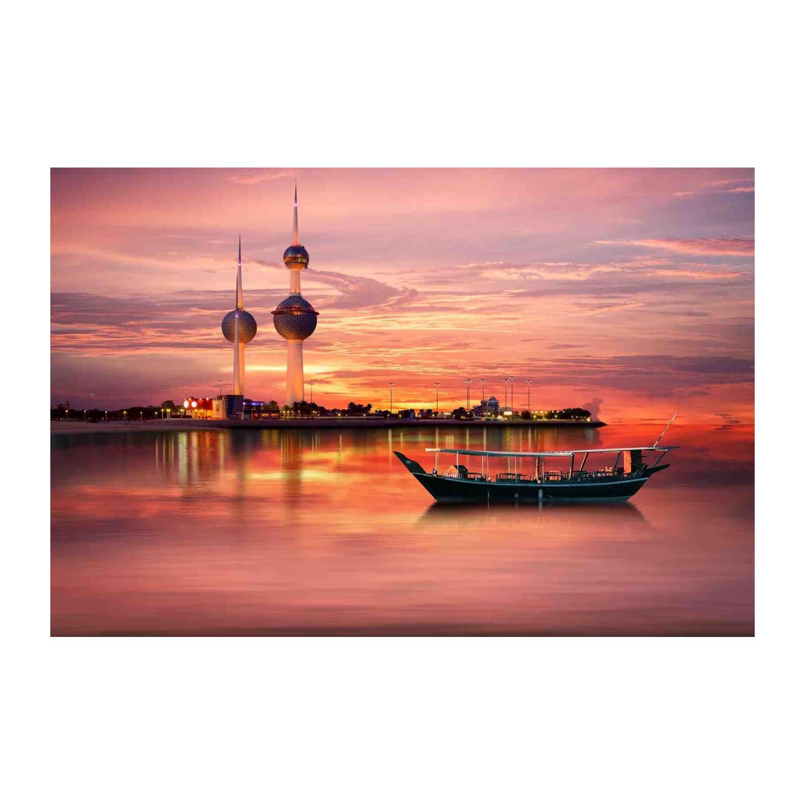 Kuwait City Skyline Sunset Dhow Boat Wall Art