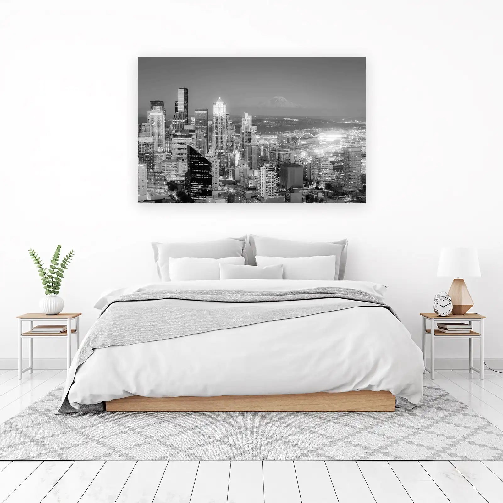 Seattle Skyline & Mt. Rainier Black and White Wall Art
