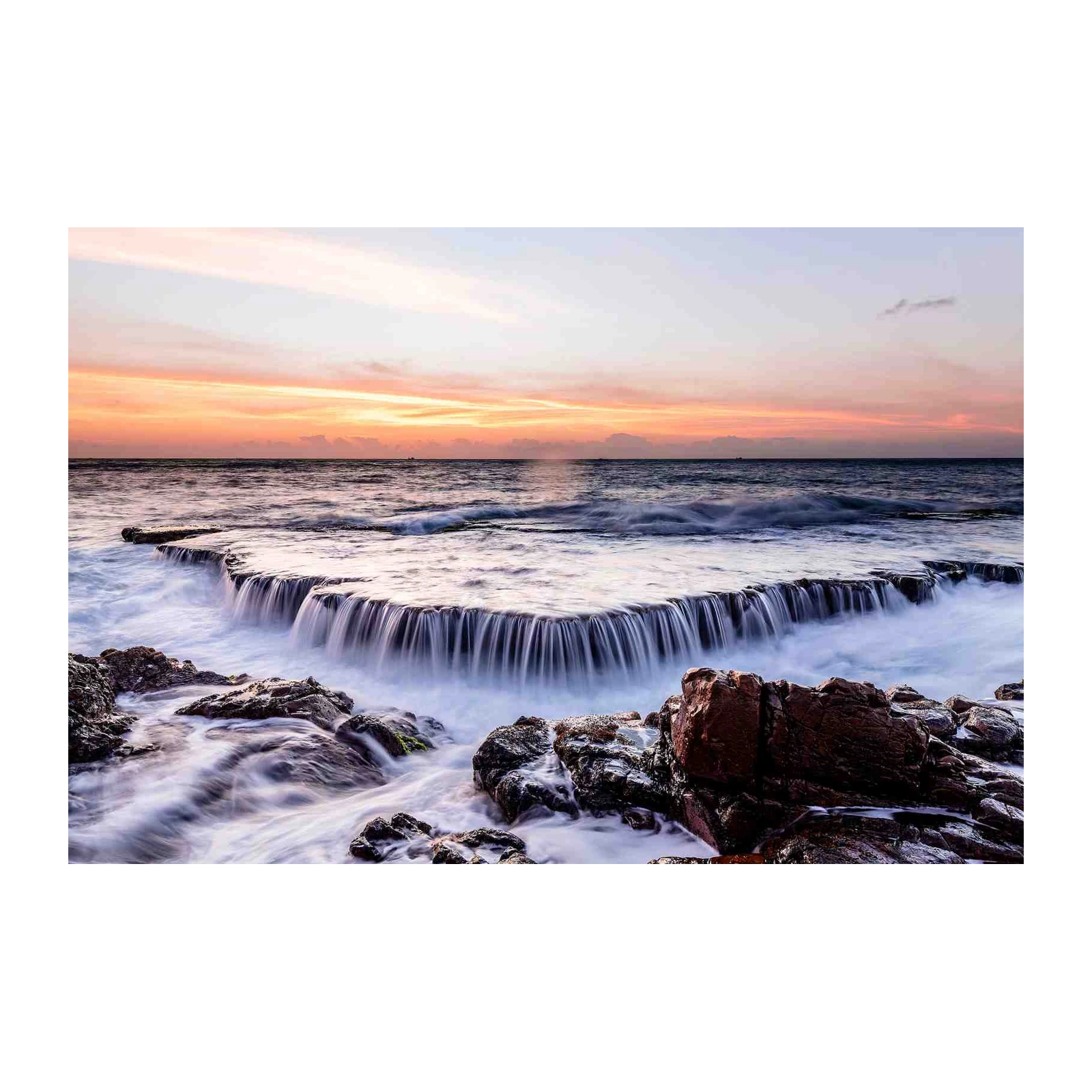Serene Waterfall Ocean Sunset Wall Art