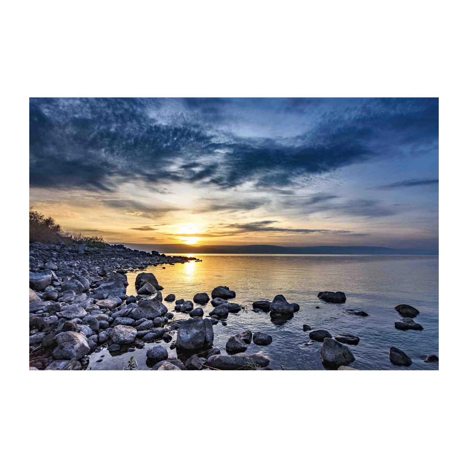 Serene Sunset Lakeside Rocks Wall Art