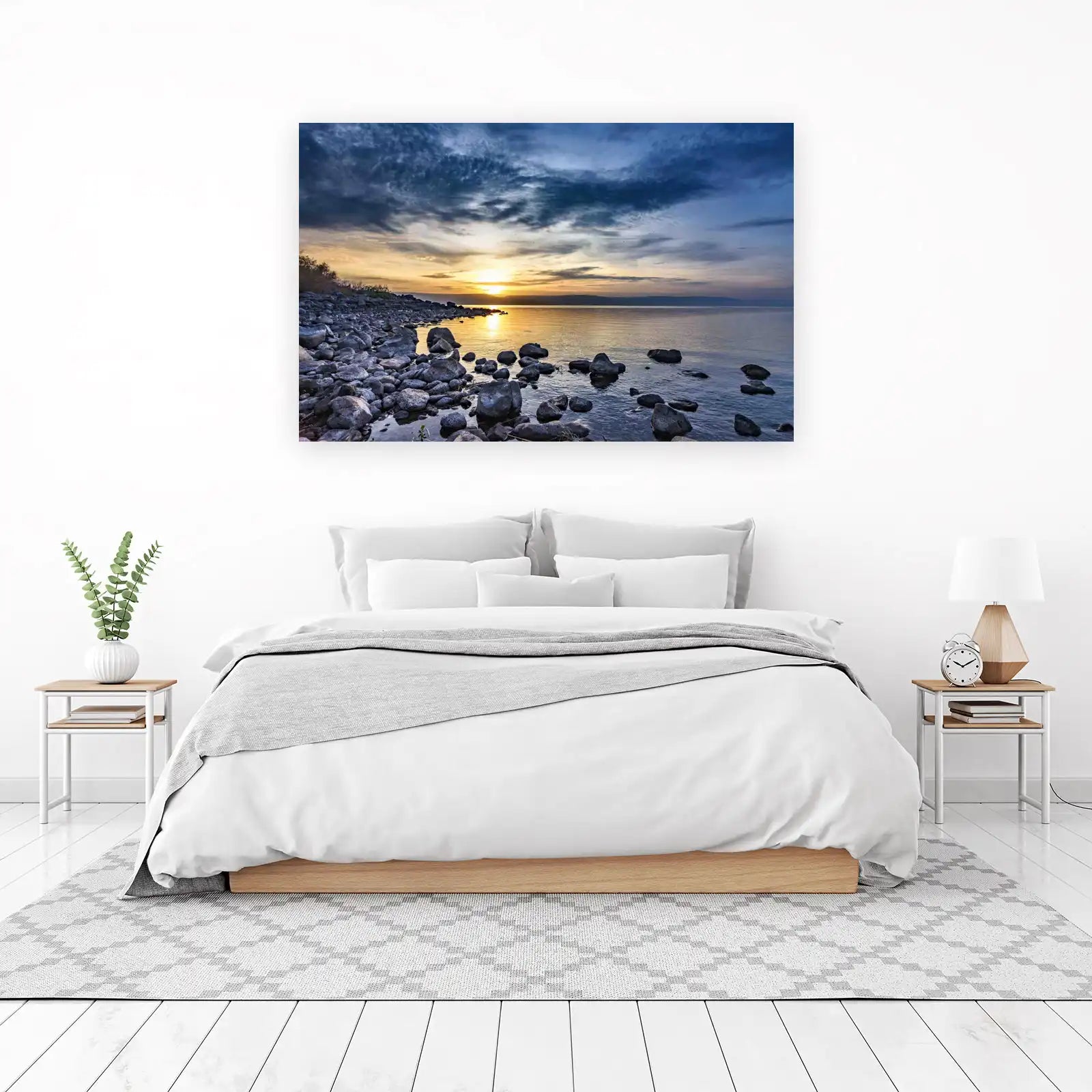 Serene Sunset Lakeside Rocks Wall Art