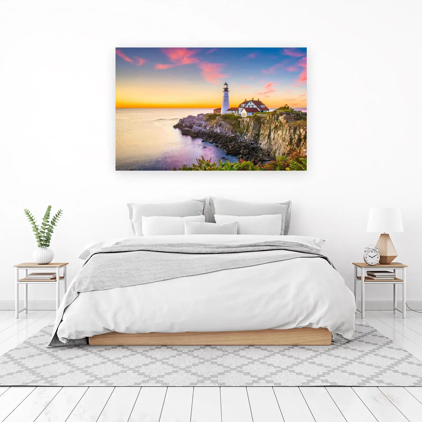 Coastal Serenity Lighthouse at Sunset Wall Art