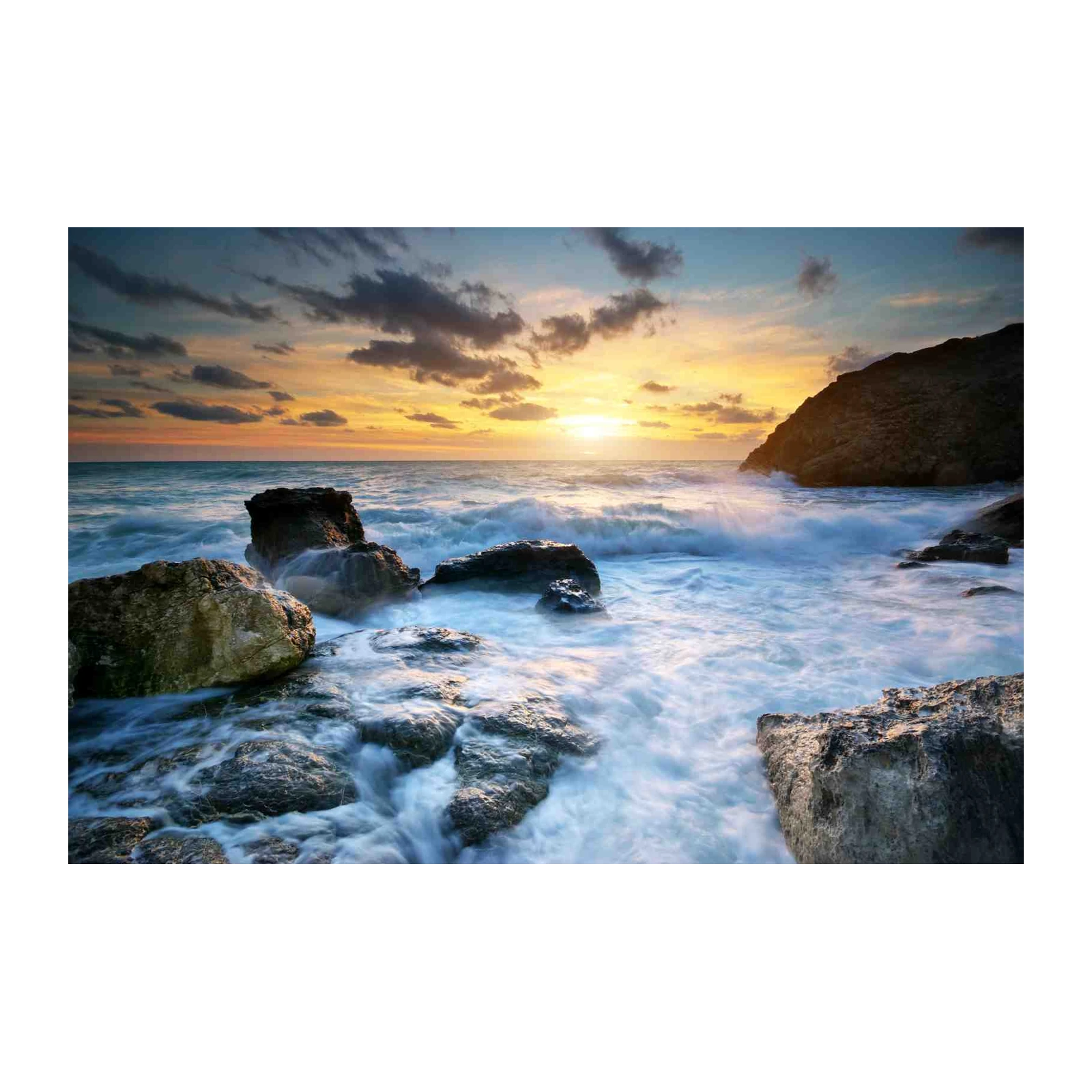 Sunset Ocean Waves Rocky Shore Wall Art