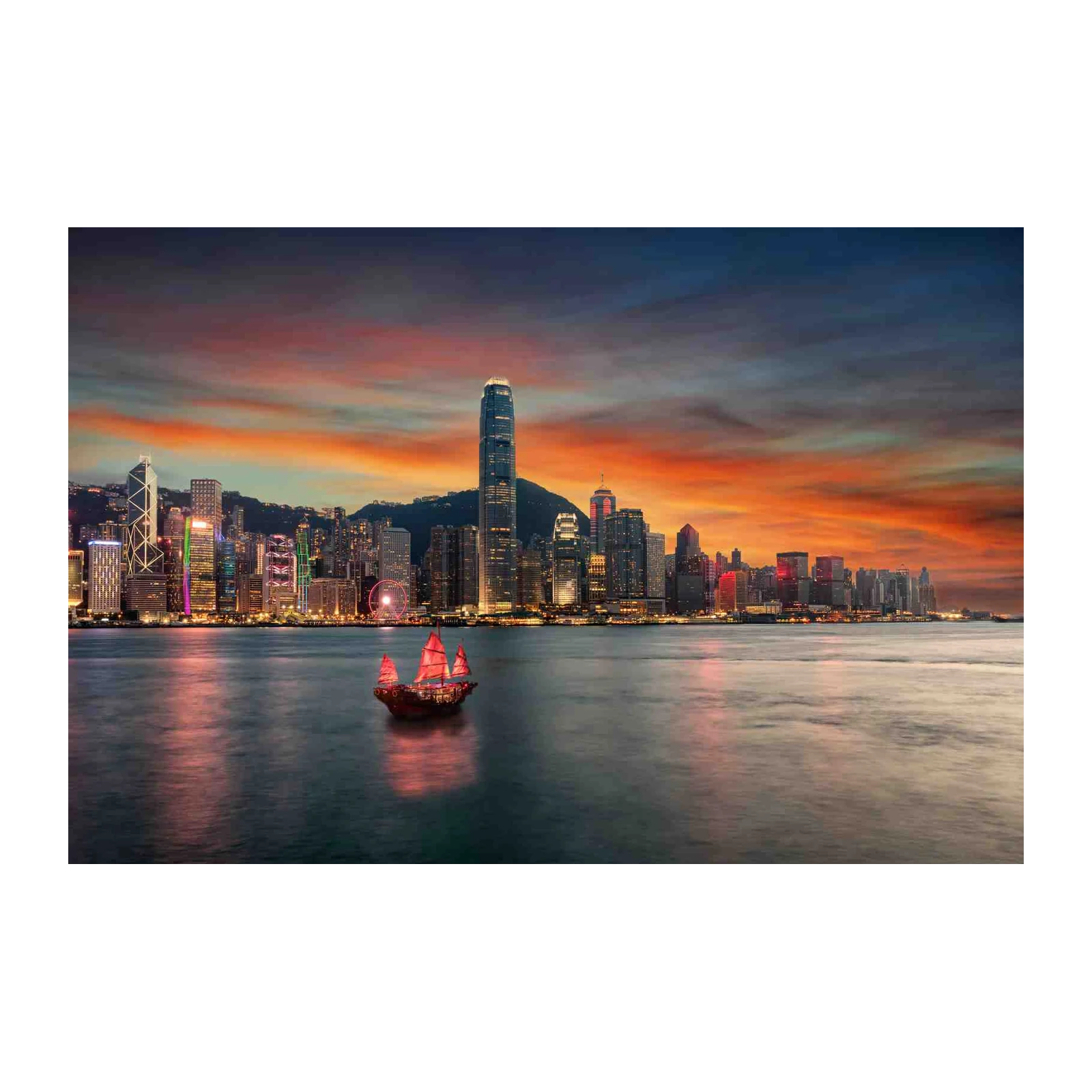 Hong Kong Skyline Junk Boat Sunset Wall Art