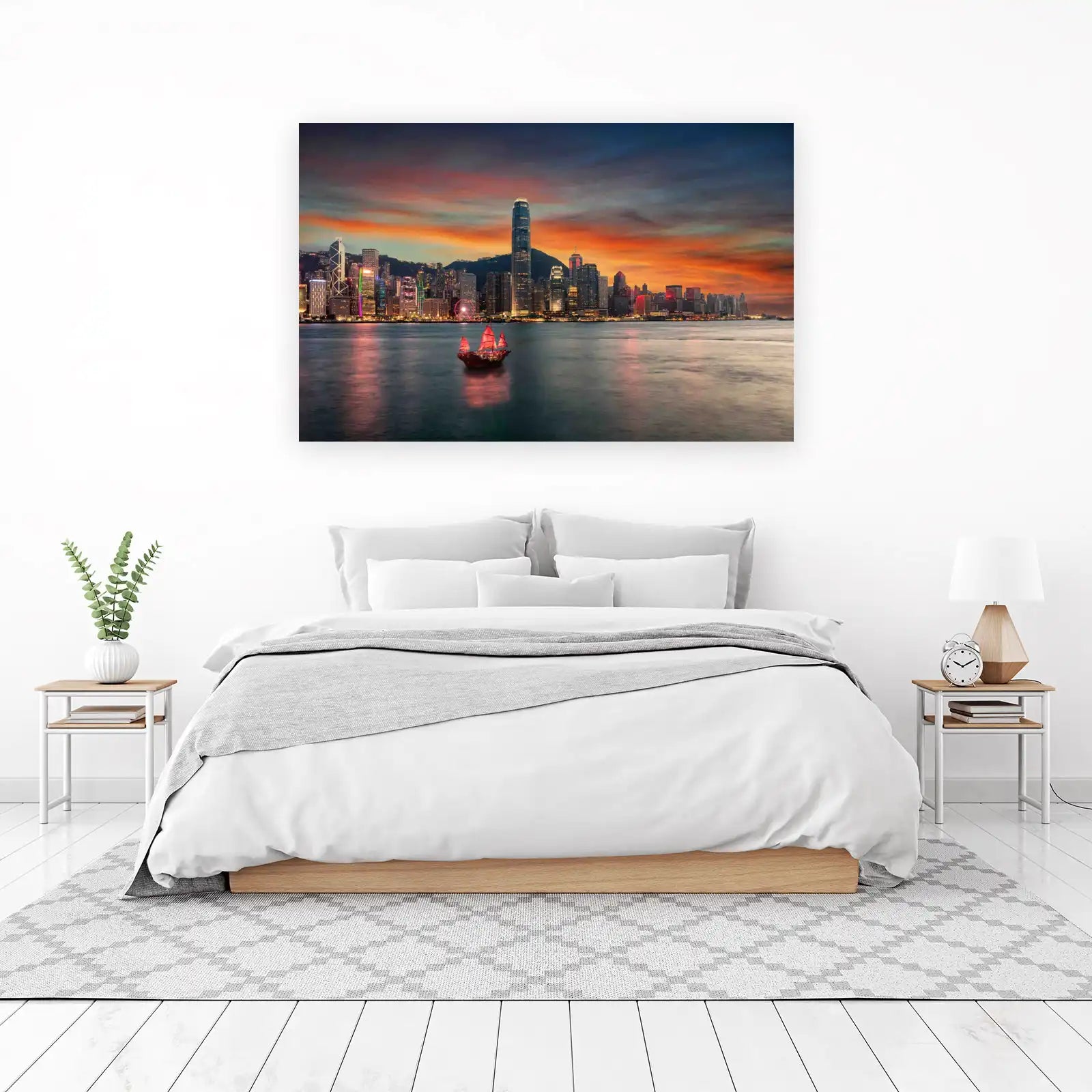 Hong Kong Skyline Junk Boat Sunset Wall Art