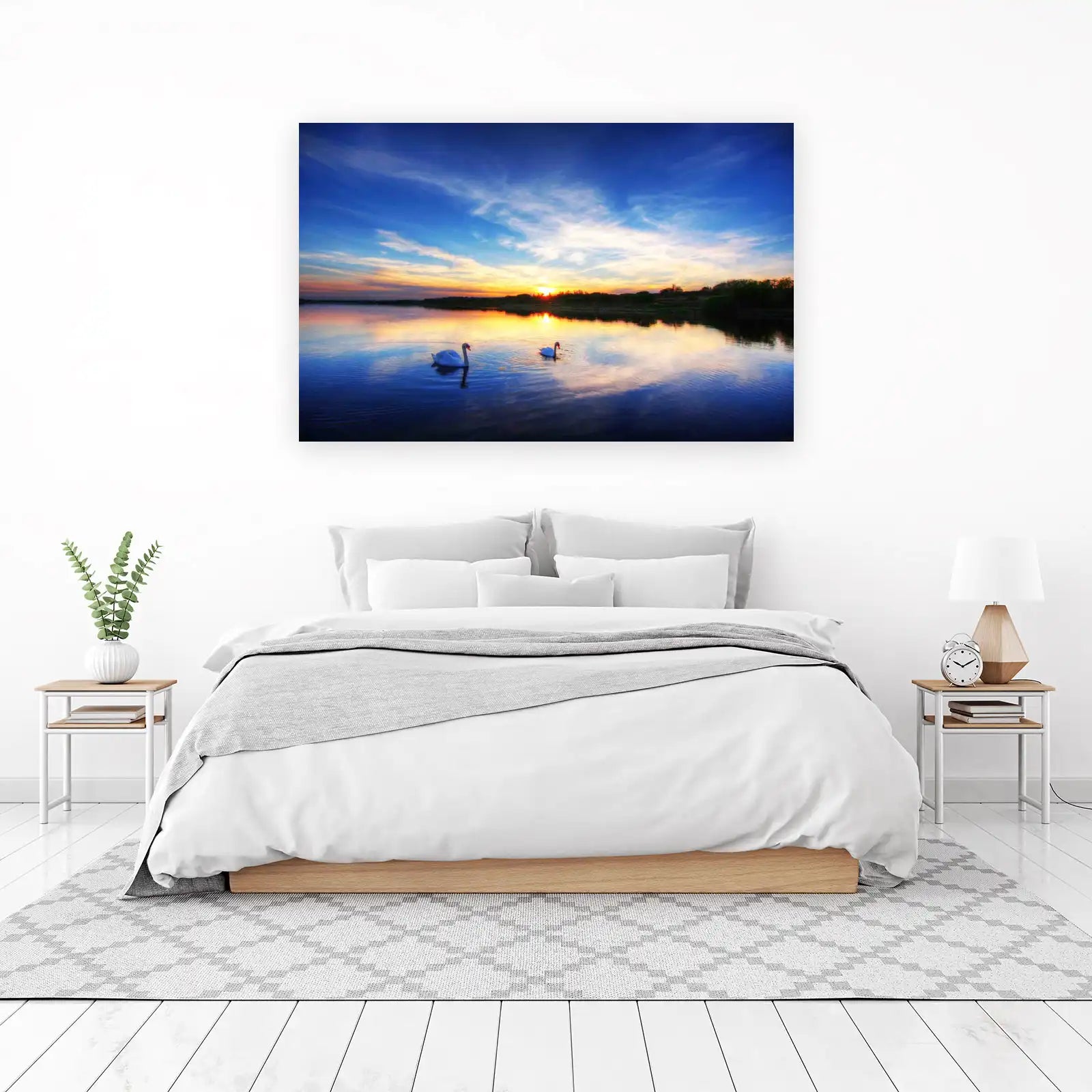 Serene Swans Sunset Lake Wall Art