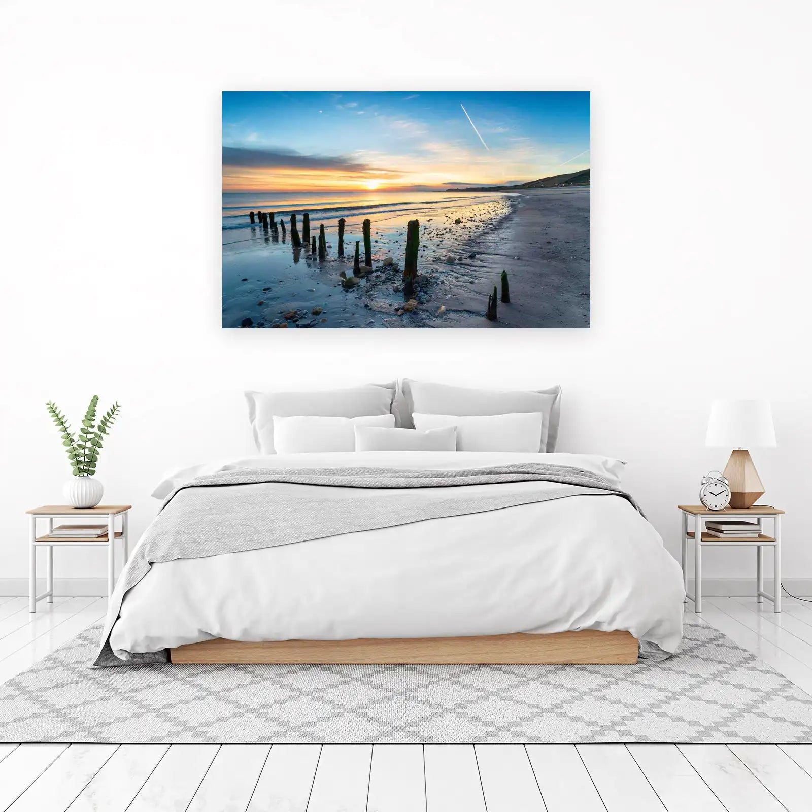 Tranquil Beach Sunset Wooden Posts Wall Art