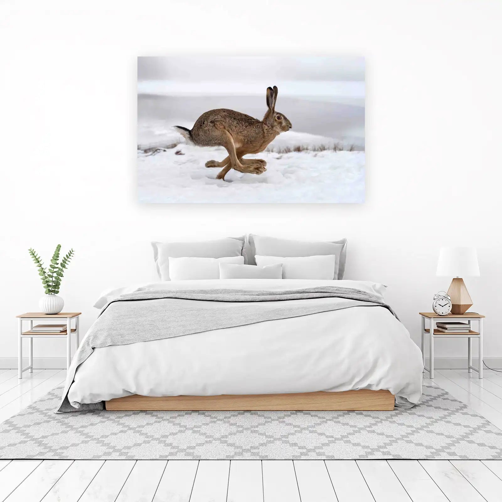 Majestic Hare in Motion Snowy Landscape Wall Art