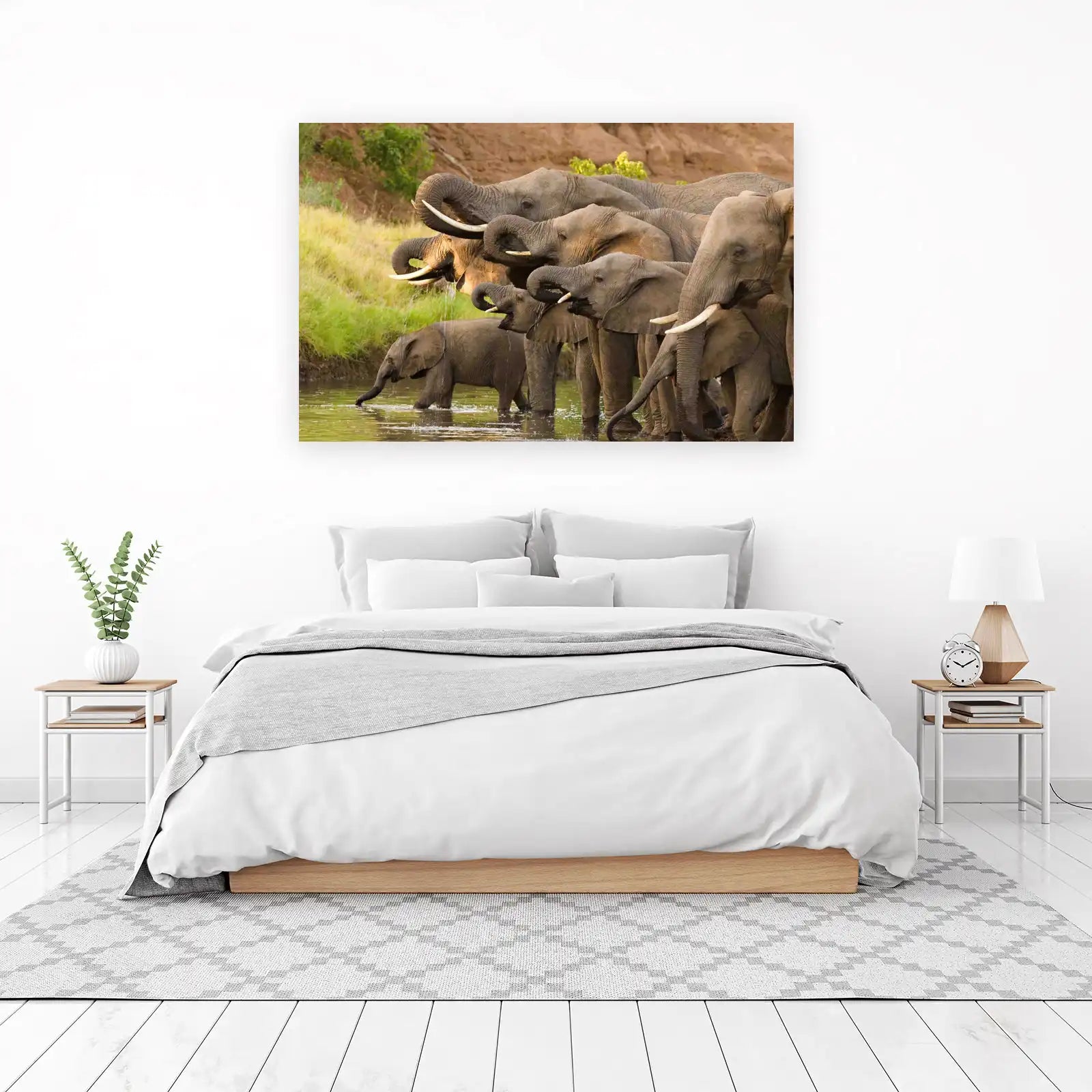 Majestic Herd Elephant Drinking at Waterhole Wall Art