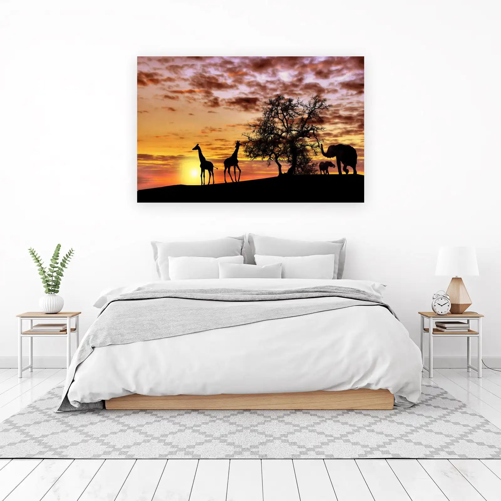 African Sunset Giraffes & Elephants Wall Art