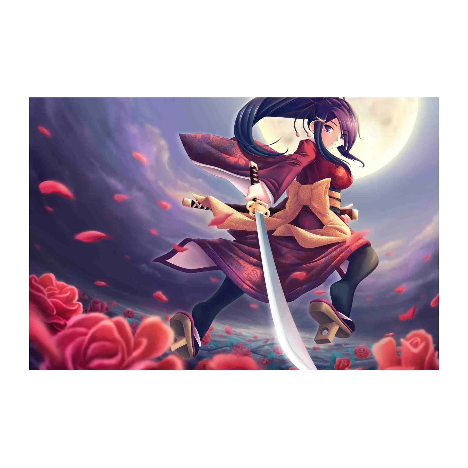 Graceful Samurai Woman Rose Field Wall Art
