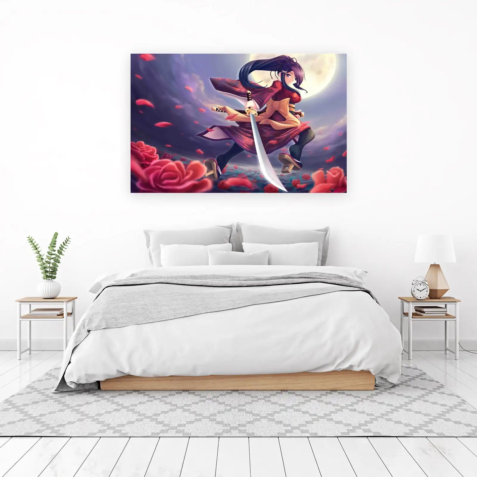 Graceful Samurai Woman Rose Field Wall Art