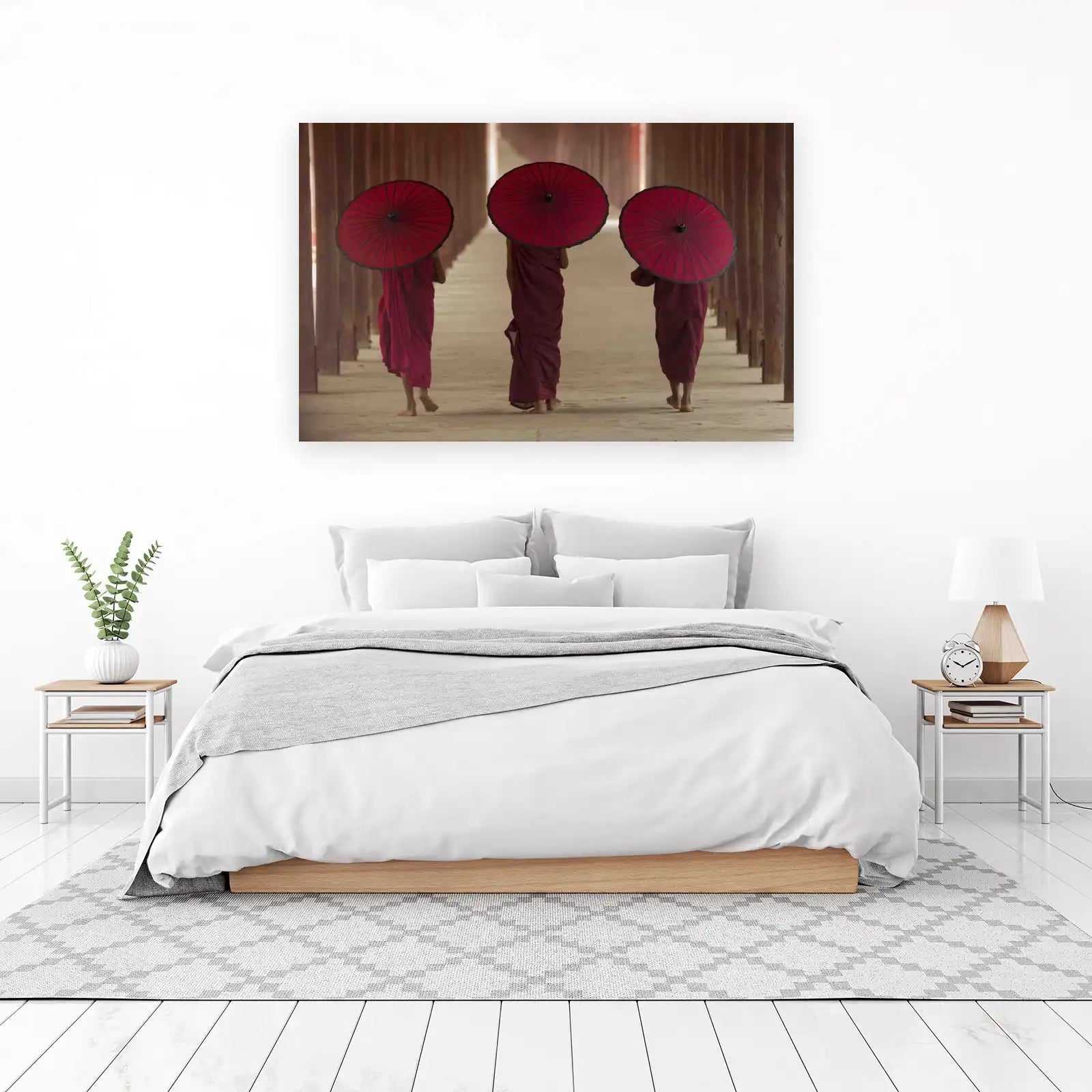 Serene Monks Red Umbrellas Wall Art