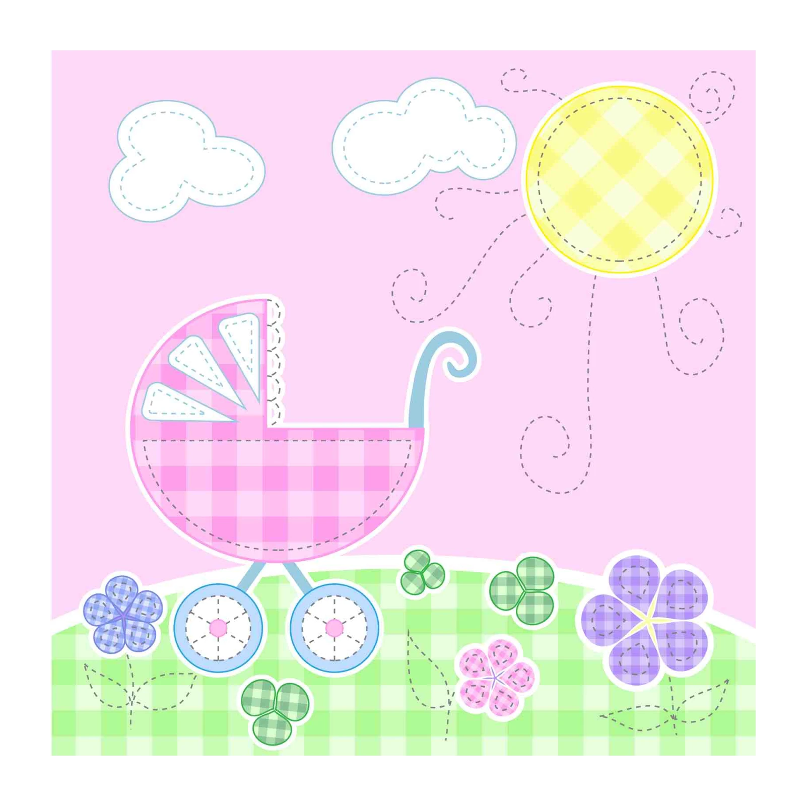 Cute Baby Pram & Flowers Wall Art