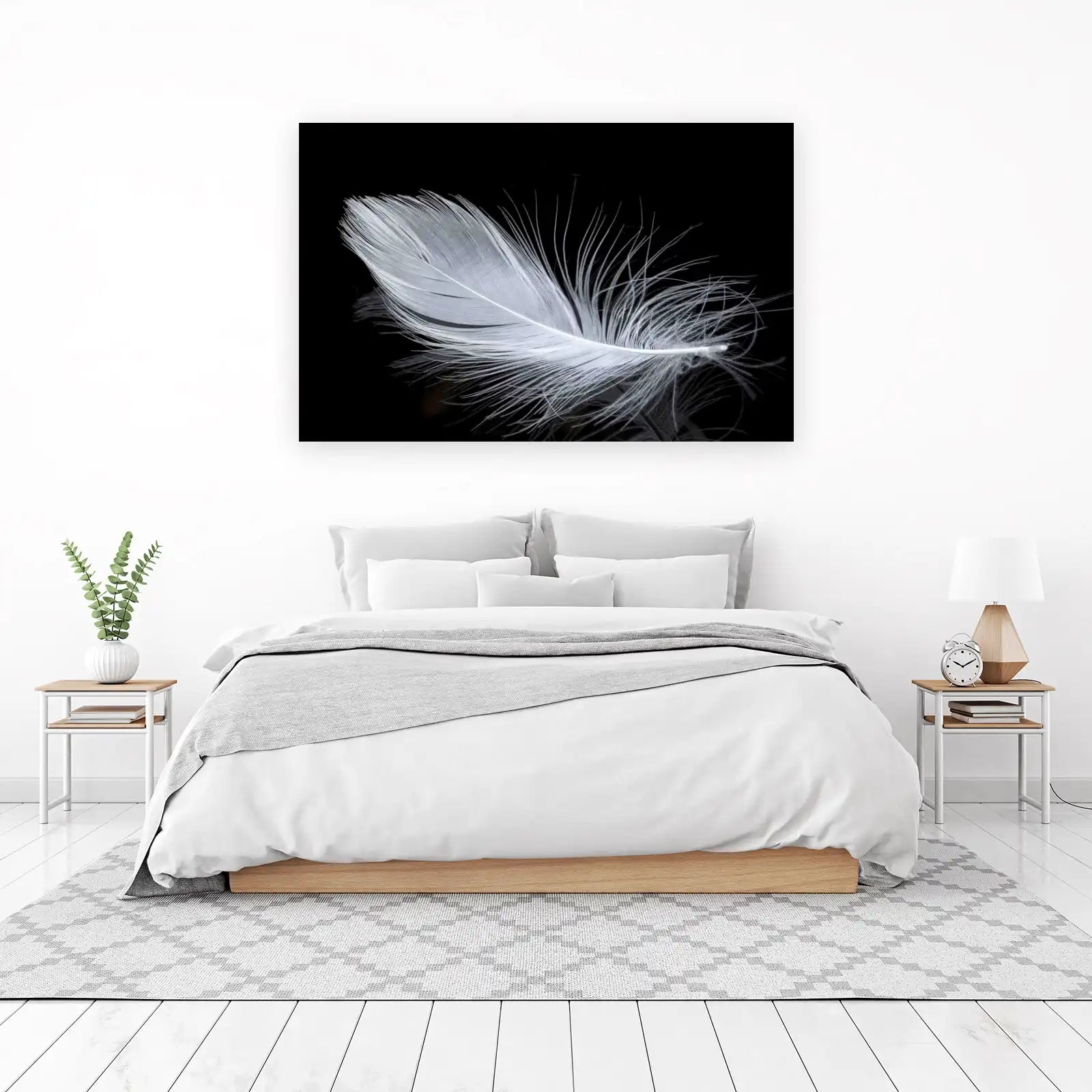 Elegant White Feather Black Background Wall Art