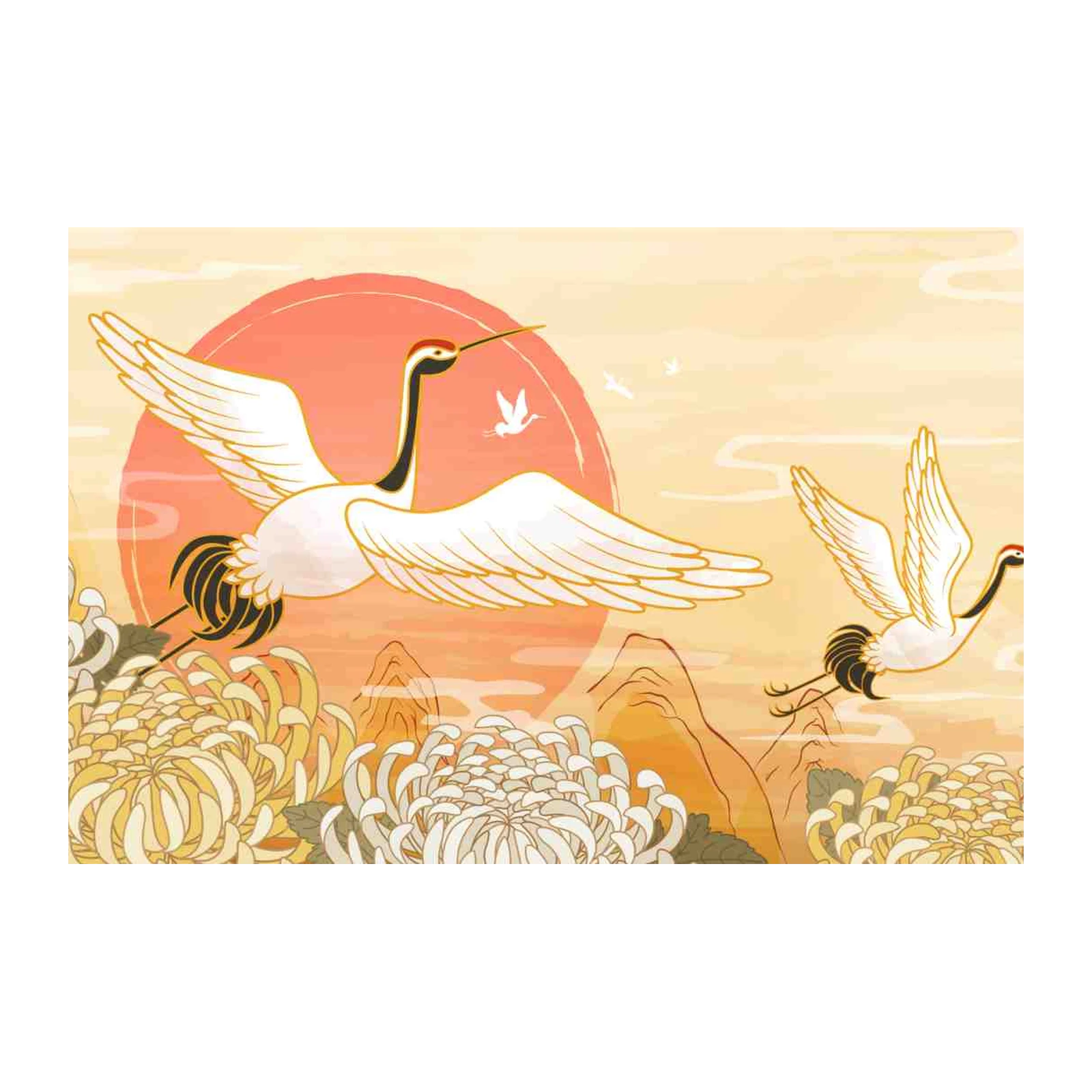 Elegant Cranes & Chrysanthemums Wall Art