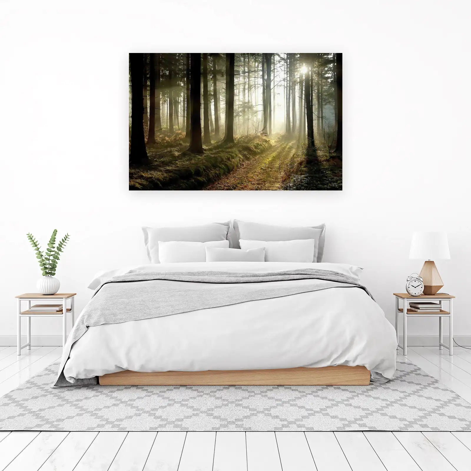 Misty Forest Path Sunlight Wall Art
