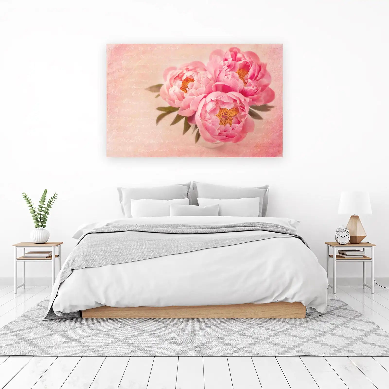 Pink Peony Floral French Script Wall Art