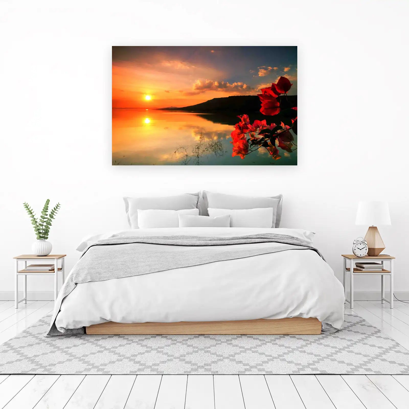 Vibrant Sunset Lake & Flowers Wall Art