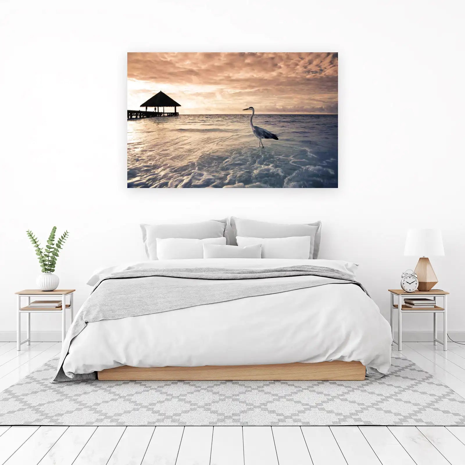 Serene Heron Beach Sunset Wall Art