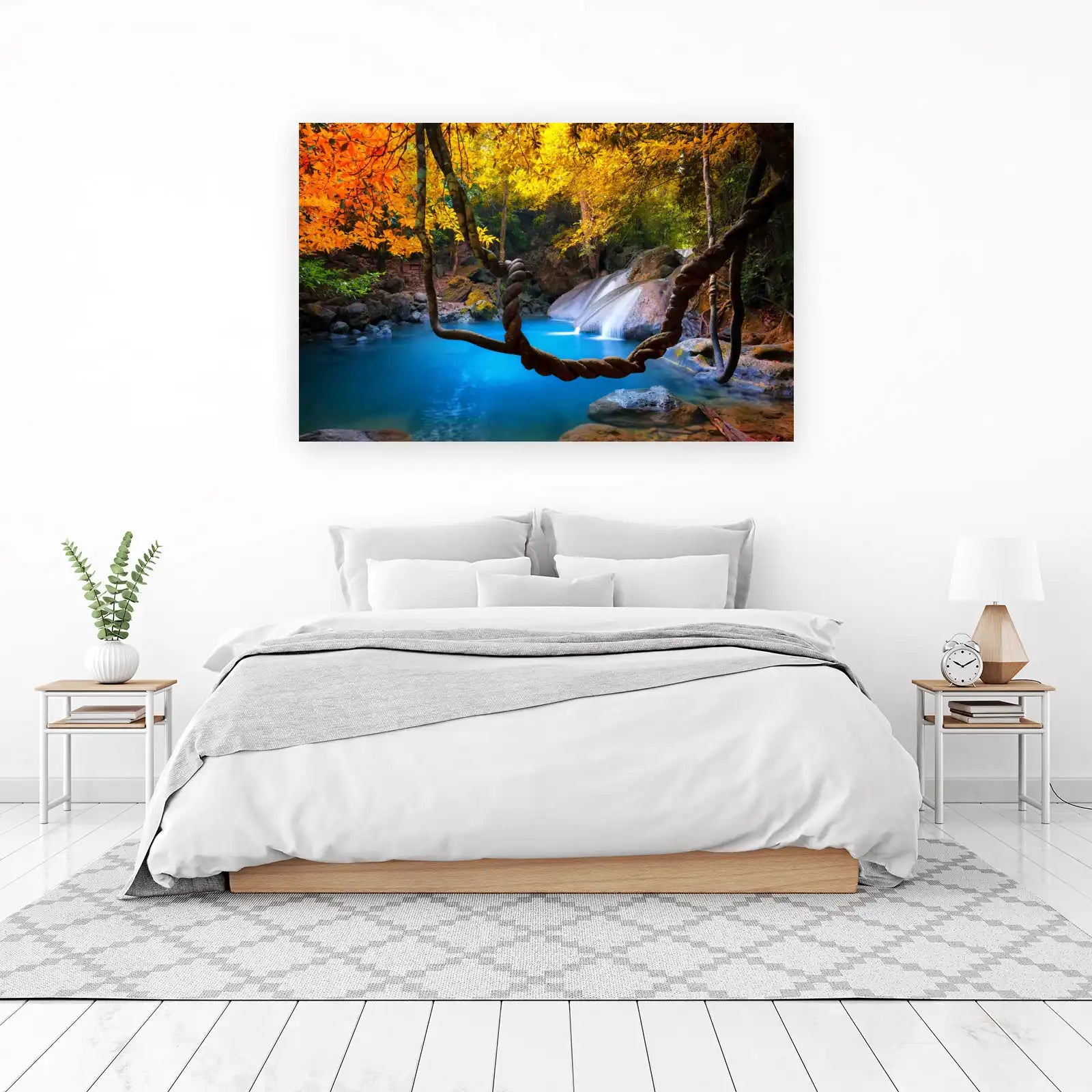 Tranquil Waterfall & Autumn Leaves Wall Art